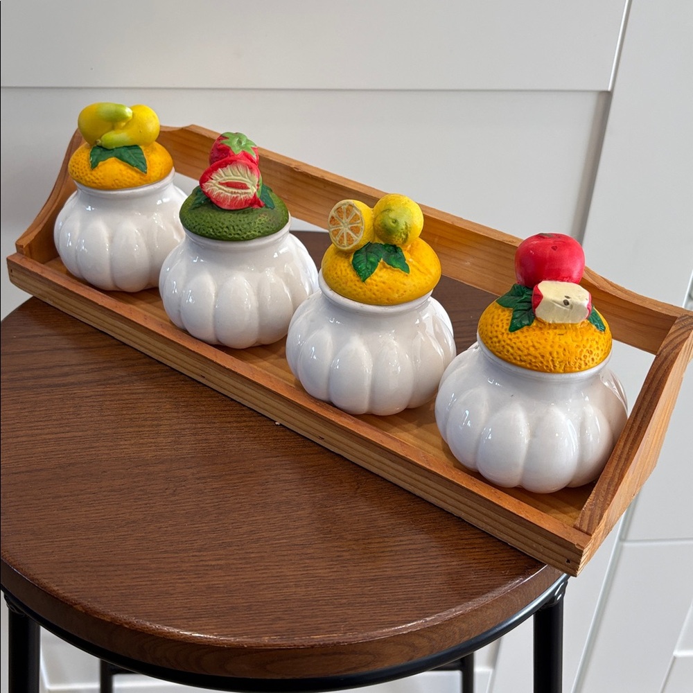 Vintage Fruit Topped White Ceramic Jars with Wooden Tray